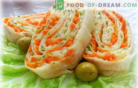 Lavash rullītis ar korejiešu burkāniem - vienkāršs, garšīgs, veselīgs. Pita maizes rullīšu pildījumu varianti ar korejiešu burkānu