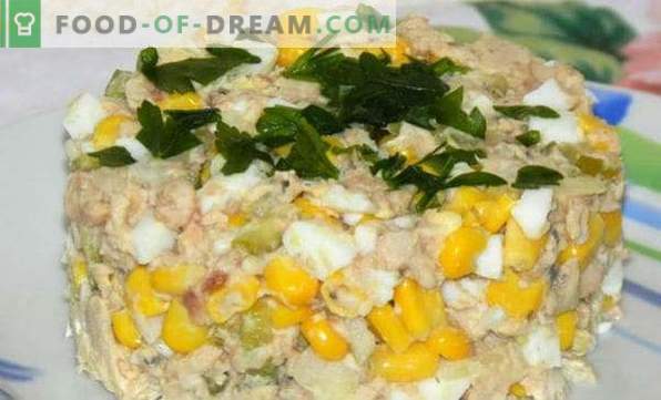 Garšīgas receptes salātiem no zivju konserviem, ar kausētu sieru, maigu, saulespuķu, Mimosa