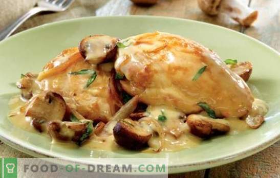 Tedere kip in roomsaus is heerlijk! Simpele, bewezen kiprecepten in zure roomsaus met champignons, knoflook, pruimen